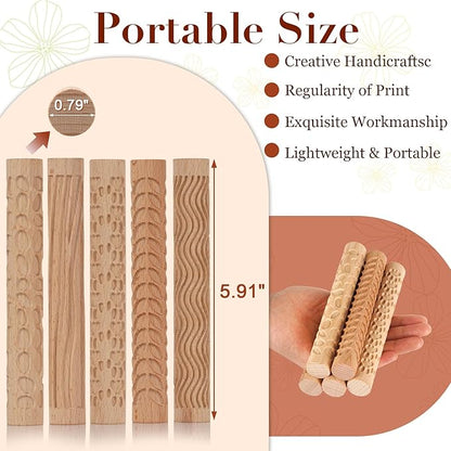 Set of 5 Wooden Handle Pottery Tools Clay Modeling Pattern Rollers Kit Brown (Set of 5)