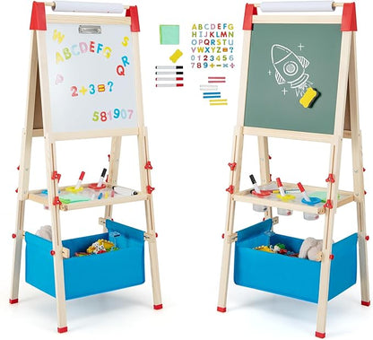 HONEY JOY Easel for Kids, Wooden Height Adjustable Double-Sided Toddler Easel w/Magnetic Chalkboard & White Board, Paper Roll, 60+ Painting Accessories, Magnetic Letters, Art Easel for Boys Girls