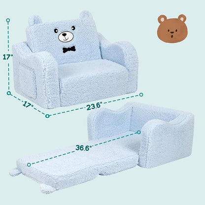 Kids Chairs for Toddler, 2-in-1 Toddler Soft Sherpa Couch Fold Out, Convertible Sofa to Lounger for Girls and Boys, Teddy Bear, Blue