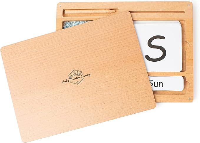 Montessori Sand Tray for Kids 3 4 5 6 Years Old Sand Writing Tray Learning Sensory Toy Educational Alphabet and Phonic Words Comes with Sand, Tray, Lid, 2 Sets of Flashcards, Stylus (Dark Blue)