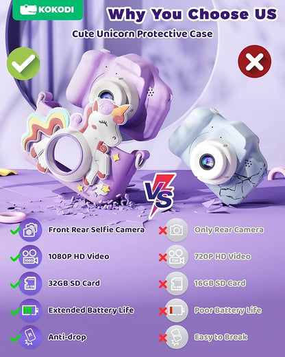 KOKODI Kids Camera Toy Digital Camera for Kids, Birthday Gifts for Girls Age 3-12, 1080P HD Video Camera for Toddler, Unicorn Children Toys for 3 4 5 6 7 8 9 Year Old Girls with 32GB SD Card (Purple)