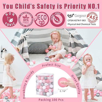 Babies Ball Pit Balls 100pcs, Ball Pool Balls for Swim Toys, Baby Ball Pit,Toddlers Girl Kids Birthday, Tent,Slides, Tunnels(2.2"),Pearl Balls +Macaron Balls Pink+White Gray