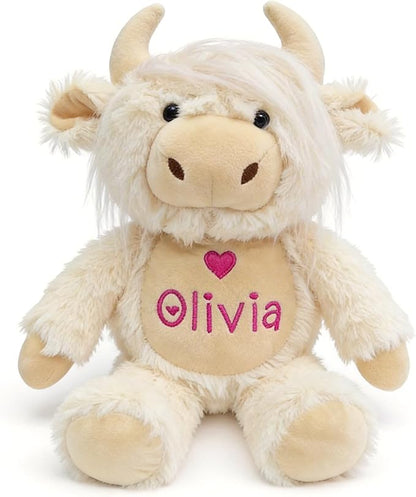 Personalized White Highland Cow Stuffed Animal - Custom Name Embroidered Plush Toy - Soft Cream Cow Nursery Decor, Baptism & Baby Shower Keepsake Gift for Boys Girls (10/13/16 Inch)