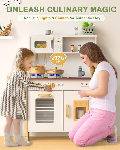 Babytronic Kids Play Kitchen, Wooden Kitchen Playset for Kids Ages 3+ with Real Lights, Sounds, Stove, Sink, Oven, and 30 Pcs Accessories, Toys Kitchen Small Pretend Play Kitchen for Toddlers (White)