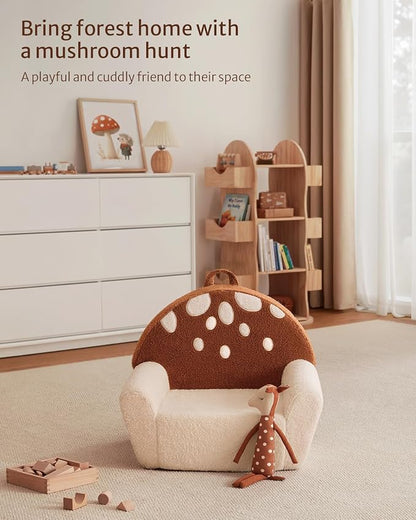 Blissful Diary Toddler Chair Comfy, Foam Kids Chair with Soft Teddy Plush, Toddler Reading Armchair with Cute Mushroom Designs- Brown