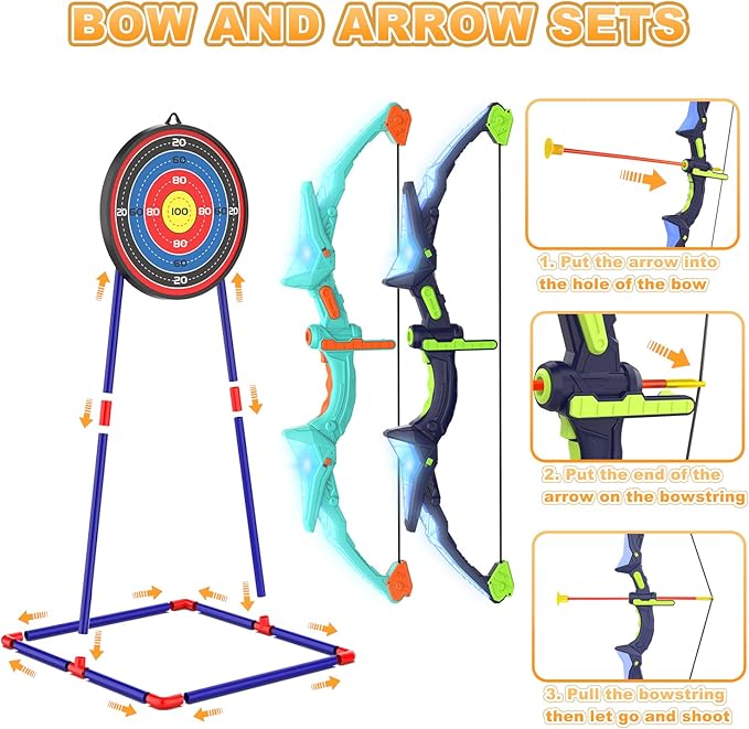 2 Pack Kids Bow and Arrow Set with LED Flash Lights, 14 Suction Cup Arrows and Fluorescence Standing Target-Perfect Indoor and Outdoor Archery Set Toy Gift for Boys and Girls Ages 4-12