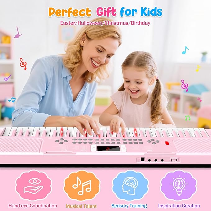 Piano Keyboard, 61 Key Upgrade Kids Pianos Music Toy with Light-up Keys & Pro Teaching Modes, Dual Speaker, 70 Demos,100 Tones, 100 Rhythms Perfect Christmas/Birthday Gift for Kids (Pink)