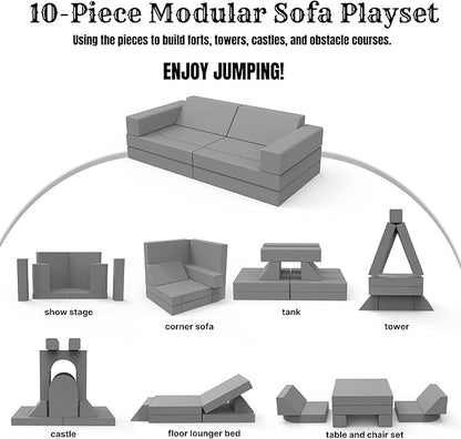 MeMoreCool 10-Pieces Kids Play Couch, Toddler Couch for Playroom, Grey