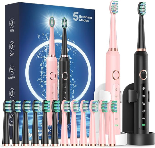 Rtauys 2 Pack Electric Toothbrush for Adults - 2 Rechargeable Electric Toothbrushes with 12 Brush Heads & 2 Travel Case, Power Electric Toothbrush with Holder, 3 Hrs Charge for 120 Days - Black+Pink