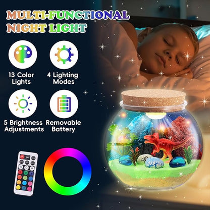 THINKKIE Dinosaur Light-Up Terrarium Kit for Kids- Christmas Birthday Gift for Boys Ages 4 5 6 7 8-12 Year Old- Dinosaur Painting Crafts Kits - Dinosaur Arts and Crafts for Kids