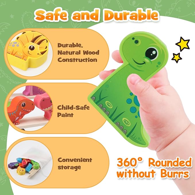 Montessori Dinosaur Toys for 1 2 3 4 Year Old Toddlers, Early Education Toys for Ages 2-4 Boys Girls Kids, Wooden Dinosaur Blocks Sorting & Stacking & Balance Toys, Ideal Preschool Birthday Gift