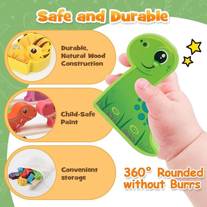 Montessori Dinosaur Toys for 1 2 3 4 Year Old Toddlers, Early Education Toys for Ages 2-4 Boys Girls Kids, Wooden Dinosaur Blocks Sorting & Stacking & Balance Toys, Ideal Preschool Birthday Gift