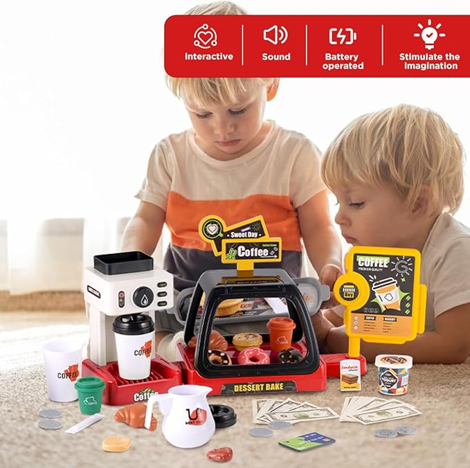 GAGAKU Toy Coffee Maker Machine and Cash Register Kit with Sound Light Kids Kitchen Pretend Play Sets Kitchen Appliances Toy for Boys Girls-Red