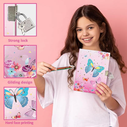 Butterfly Girls Diary with Lock, Set of Diary for Girls Incl. Kids Journal with Lock & Pen (6-Multicolor) Memo Ruler Sharpener Eraser Pink Girls Journal Writing Notebooks for Kids Gifts for Girls 6-8