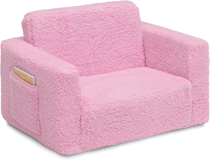 Delta Children Cozee Flip-Out Sherpa 2-in-1 Convertible Chair to Lounger for Kids, Pink