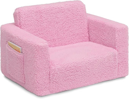 Delta Children Cozee Flip-Out Sherpa 2-in-1 Convertible Chair to Lounger for Kids, Pink