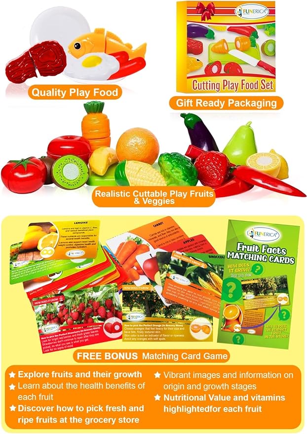 FUNERICA Cuttable Play Food, Fruits and Vegetables for Kids, Pretend Kitchen Toy Accessories Set with Knives, Cutting Board, Plates - Cutting Food for Toddlers and Kids