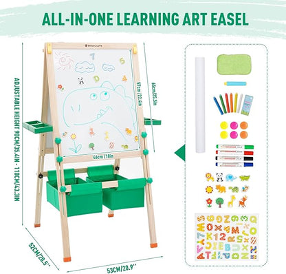 Extra Large Wooden Easel with Paper Roll, Art Easel for Kids White Board & Chalkboard 2 Sided, Height Adjustable, Foldable Drawing Board Includ Rich Painting Accessories, L: 25.5, W: 20.9, H: 43.3inch