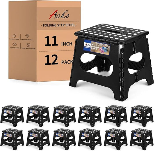 Acko 12pack 11 Inch Folding Step Stool Plastic Foldable Step Stools for Kids, Adults, Kitchen Small Collapsible Fold Up Stepping Stool Black
