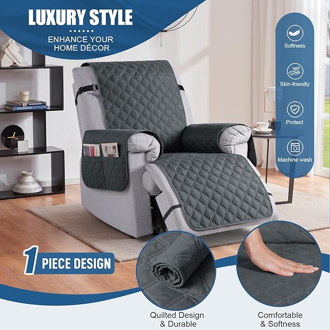 TAOCOCO 100% Waterproof Recliner Covers, Recliner Sofa Covers with Leg Straps, Reversible Recliner Couch Cover for Reclining Chair, Washable Couch Protector for Pets Kids(1 Seater 22", Smoke Gray)