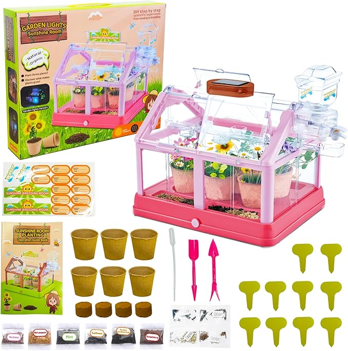 Kids Plant Growing Kit Greenhouse Growing Set Terrarium Kit Kids Science Educational DIY Plant Gardening Toy, Living Greenhouse with Solar Panel, Indoor Gardening Kit