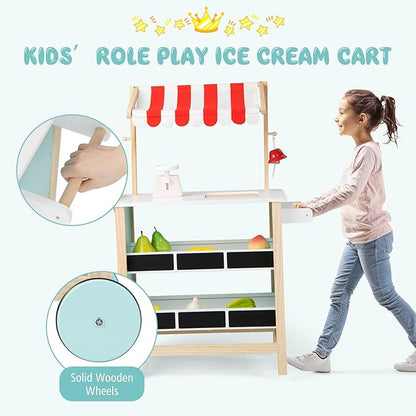 FUTADA Kids Grocery Store Prend Play Cart, Wooden Toy Shop with Ice Cream Toy, Scales, Bell, Chalkboards, Canopy, Wheels, Ice Cream Truck Toys for Kids, Gift for Boys Girls Ages 3+ (Red)