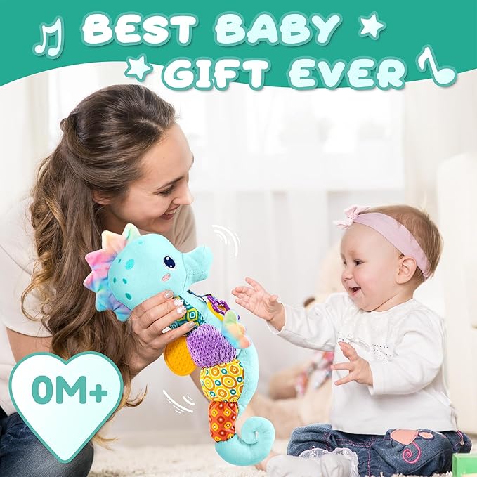 AWOTOY Baby Toys 0 to 12 Months, Musical Stuffed Animal Activity Soft Toys with Multi-Sensory Crinkle, Rattle and Textures, Infant Tummy Time Toys for Newborn Boys, Seahorse, Blue