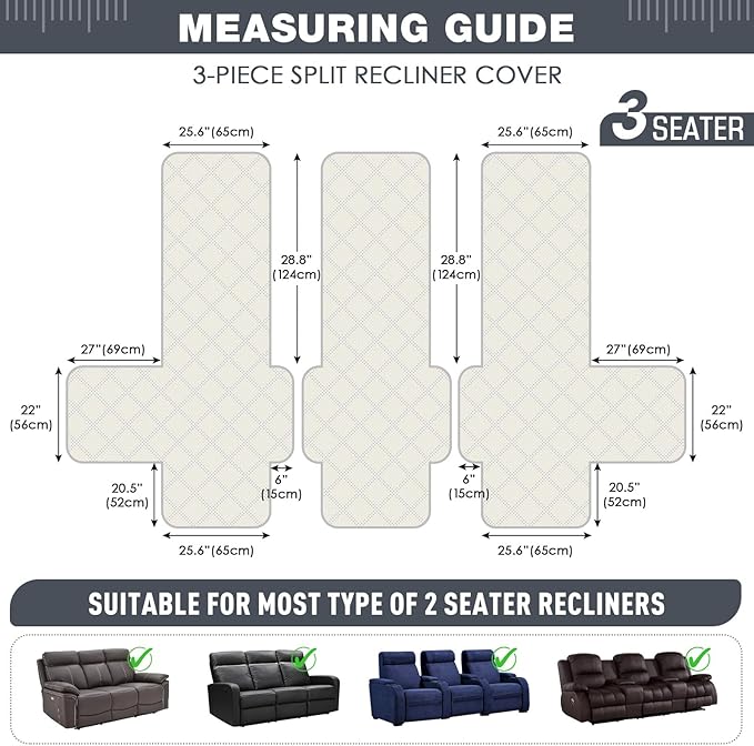 TAOCOCO Waterproof Recliner Sofa Cover Couch Cover for Reclining Couch 3 Seat Non-Slip Split Sofa Slipcover 3-Pieces with Straps, Washable Reclining Sofa Cover for Kids Pets(3 Seater, Dark Grey)