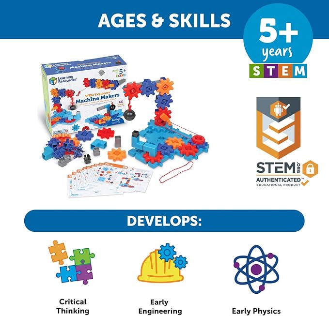 Learning Resources STEM Explorers Machine Makers, 50 Pieces, Ages 5+, STEM Toys, STEM Building Toys, STEM Kits, Engineering Toys, Build it Yourself Toys