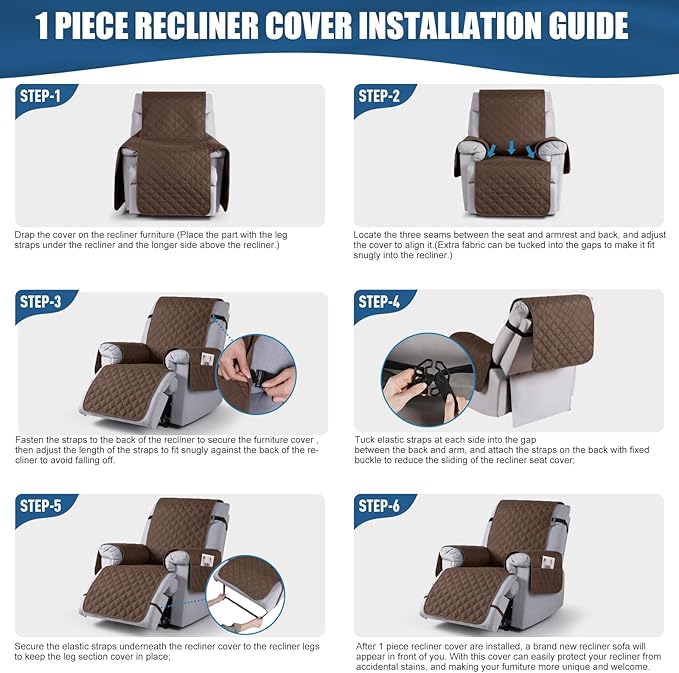 TAOCOCO 100% Waterproof Recliner Covers, Recliner Sofa Covers with Leg Straps, Reversible Recliner Couch Cover for Reclining Chair, Washable Couch Protector for Pets Kids(1 Seater 28", Brown)