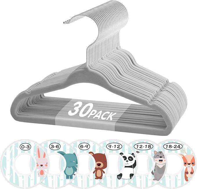 Baby Hangers, VIS'V 11 Inch Gray Velvet Kids Hangers with 6 Pcs Size Dividers Non Slip Nursery Children Closet Clothes Hangers for Infant Toddler Girls and Boys 30 Pcs