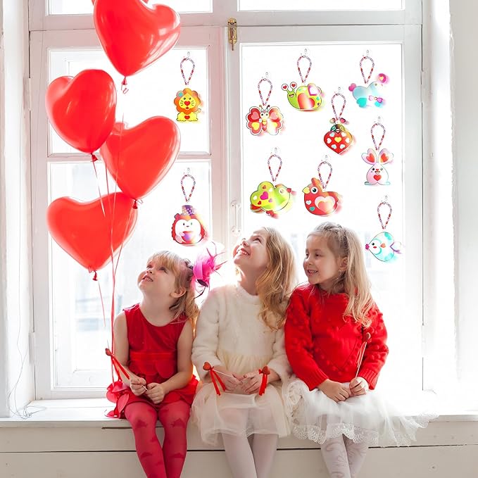 30 Set Valentine's Day Craft Kit Pink Heart DIY Craft Make Your Own Painting Suncatcher Ornaments for Valentine Art Painting Activity