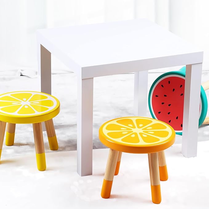 RUYU Wooden Kids Stool for Sitting, Solid Hard Wood Fruit Stool, 10 Inch Milking Stool, Vanity Stool for Kids, Bedroom, Playroom, Orange Furniture Stool for Children, Adults Boys, Girls