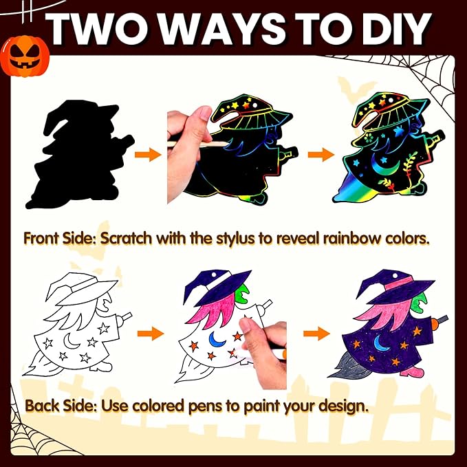 Garma Scratch Paper Craft for Kids - 36 Pcs Halloween Magic Rainbow Scratch Paper Off Cards Set for Kids Crafts Arts Supplies Halloween Ornaments Party Games Classroom Activities Birthday Gifts