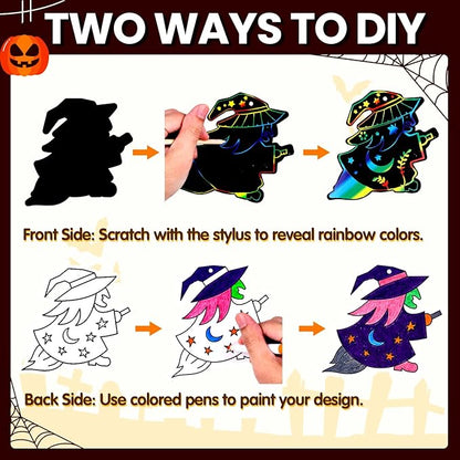 Garma Scratch Paper Craft for Kids - 36 Pcs Halloween Magic Rainbow Scratch Paper Off Cards Set for Kids Crafts Arts Supplies Halloween Ornaments Party Games Classroom Activities Birthday Gifts