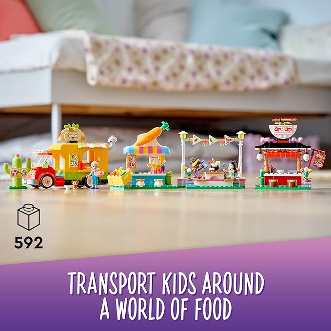 LEGO Friends Street Food Market 41701; New Food-Play Building Kit Promotes Imaginative Play; Includes Emma and Kitten Toy; Birthday Gift for Kids Aged 6+ (592 Pieces)