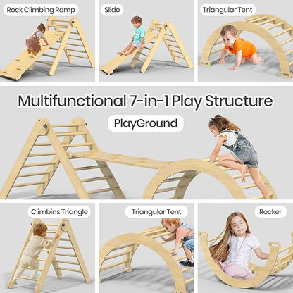 Pikler Triangle Set, 7 in 1 Foldable Climbing Toys Set for Kids, Baby Jungle Gym with Ramp & Arch,Wooden Montessori Climbing Set Indoor for Toddler (Natural)