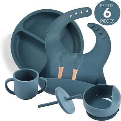 Childlike Behavior Baby Weaning Set of 6 - Dark Blue Baby Silicone Feeding - Self Feeding Baby Wooden Fork and Spoon, Plates, Bibs, Easy to Grip, Dishes and Cups - Eating Learning Essentials