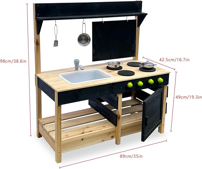 Mud Kitchen Playset for, Outdoor Wooden Toy Play Kitchen Set for Boys and Girls, Kitchen Accessories and Garden Sink with Faucet, Blackboard, Cookware Pot (Black)