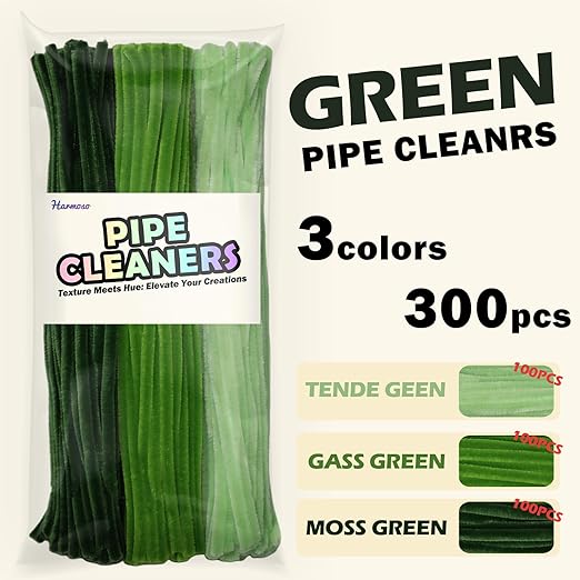 Green Color Trio Pipe Cleaner Set - 300pcs, Thick Fluffy Chenille Stems for Arts & Crafts, Perfect for Making Animals, Flowers, and Festive Decorations(12 inches x 0.24 inches)