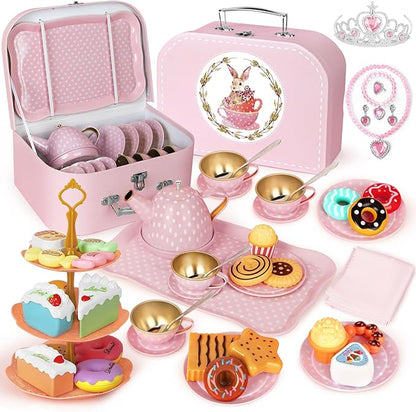 Tea Party Set for Little Girls, 49PCS Princess Tea Time Toys Including Tea Set Dessert Carrying Case, Kids Kitchen Pretend Playset, Tea Set for Girls Birthday Toddler Gifts Age 3-8