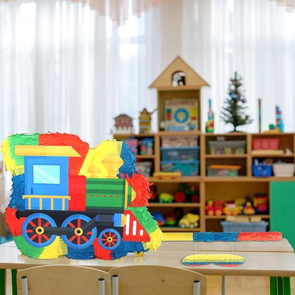 3D Train Pinata with Blindfold Stick Confetti, Railroad Themed Party Supplies, Train Pinata for Boys Birthday Party Supplies,Train Theme Party Decoration for Kids Girls Boys,15.8x11.8x2 Inches