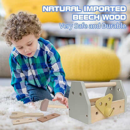 Montessori Wooden Tools Kit Toddler Educational Construction Kids Toys Sets Play Box Preschool Play Tool Wooden Construction Toy （Yellow）