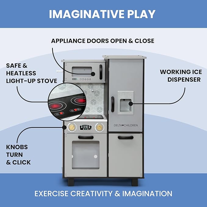 Delta Children Gourmet All-in-One Corner Play Kitchen - Toy Kitchen Playset with Safe & Heatless Stove with Lights, Oven, Sink, Fridge/Freezer with Ice Maker and 20 Accessories, Grey