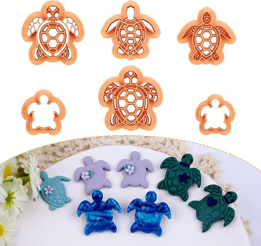 Puocaon Ocean Turtle Clay Cutters - 6 Pcs Embossed Turtle Clay Cutters for Polymer Clay Earrings, Ocean Life Clay Jewelry Cutters, 3D Print Sea Creature Polymer Clay Cutters for Earrings Jewelry