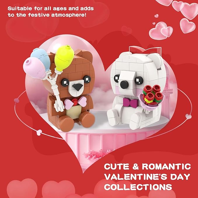 BlockPro Valentine's Day Brown and White Bear Building Set with Rose Bouquet, Love Heart Frame Ornament Building Blocks Set, Valentine's Day Gift for Adults Kids (400PCS)