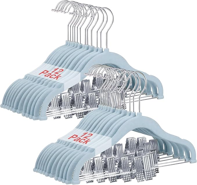 Baby Clothes Hangers with Clips, 24 Packs Kids Velvet Clothes Hangers, Heavy-Duty Childrens Hangers, Storage Organizer Clothing Hangers for Shirts, Pants, Skirts, Dresses, Jackets, Coat Blue