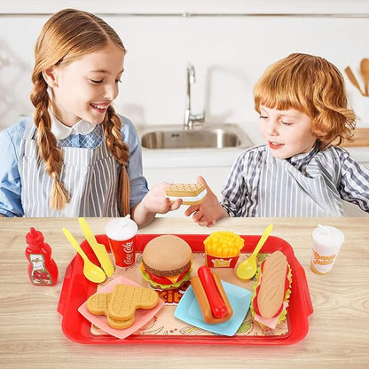 Pretend Play Food Set for Children,Removable Fast Food Playset with Tray Hamburger Hotdog Fries Combo,Play Kitchen Accessories Role Play Toys,Christmas Birthday Gift for Kids Boys Girls(15PCS)