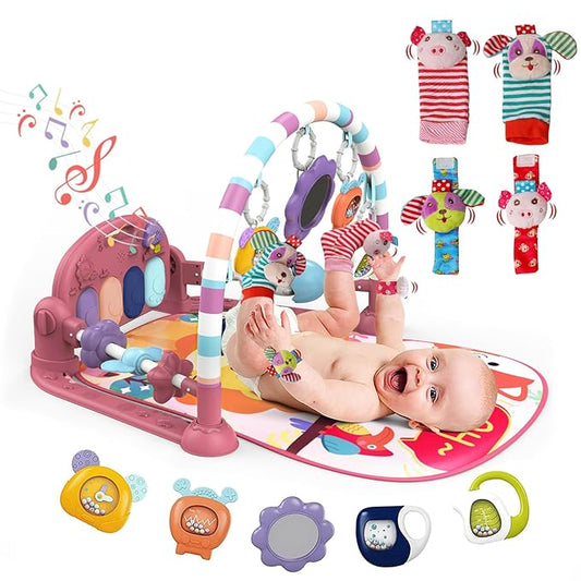 dearlomum Baby Play Mat Gym,Funny Play Piano Interactive Baby Activity Mat& 4 Wrist Rattle Socks, Boy & Girl Gifts for Newborn 0 to 3 6 9 12 Months(Pink)