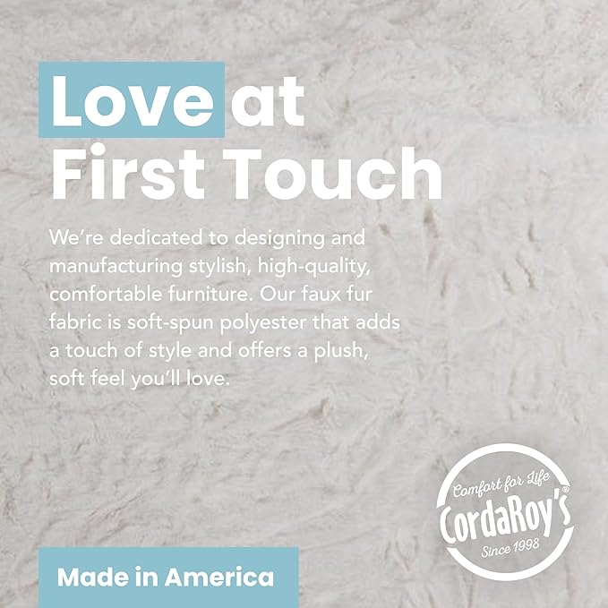 CordaRoy's Faux Fur Bean Bag Pouf Footstool - Washable Fabric Ottoman Cover with Durable Foam Insert - Versatile Footrest for Basement, Living Room, Office - 26" x 17" - White